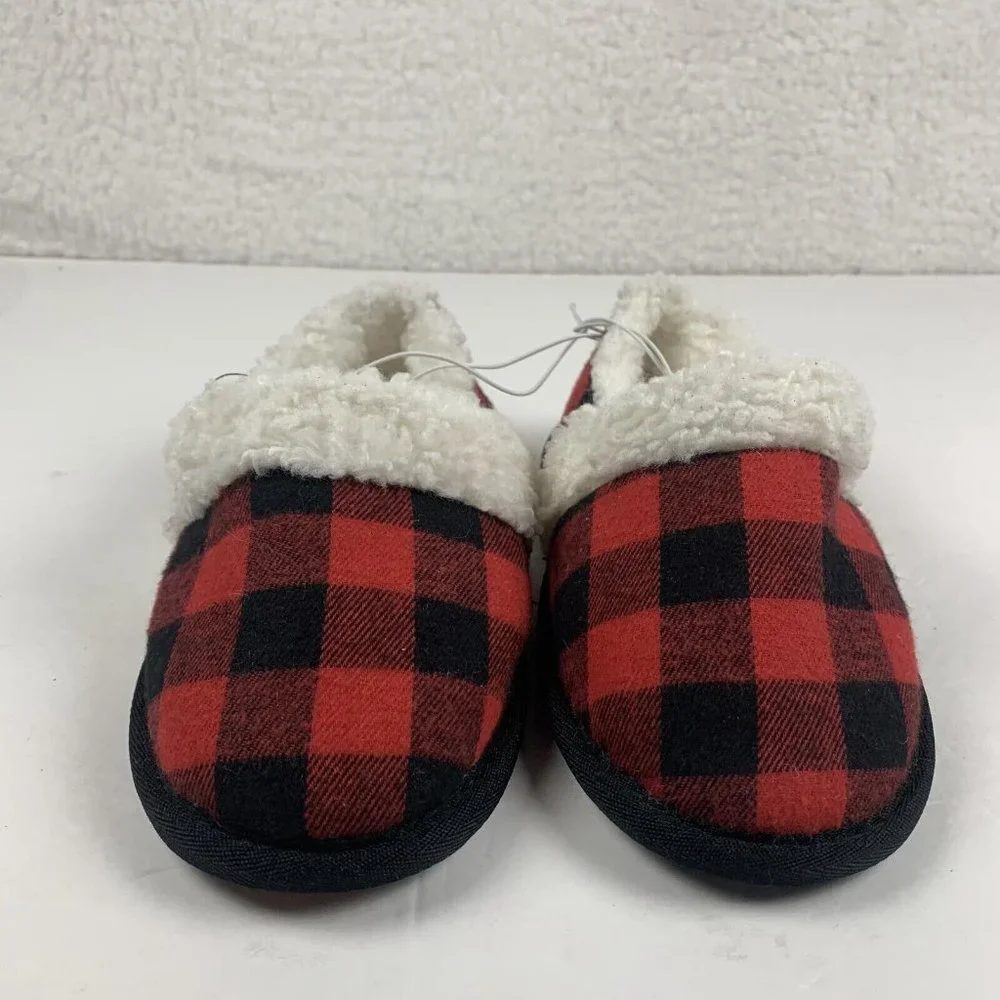 Nordstrom Rack Faux Shearling‎ Slippers Kid's 11/12 Red Bloom Buffalo Plaid 8009